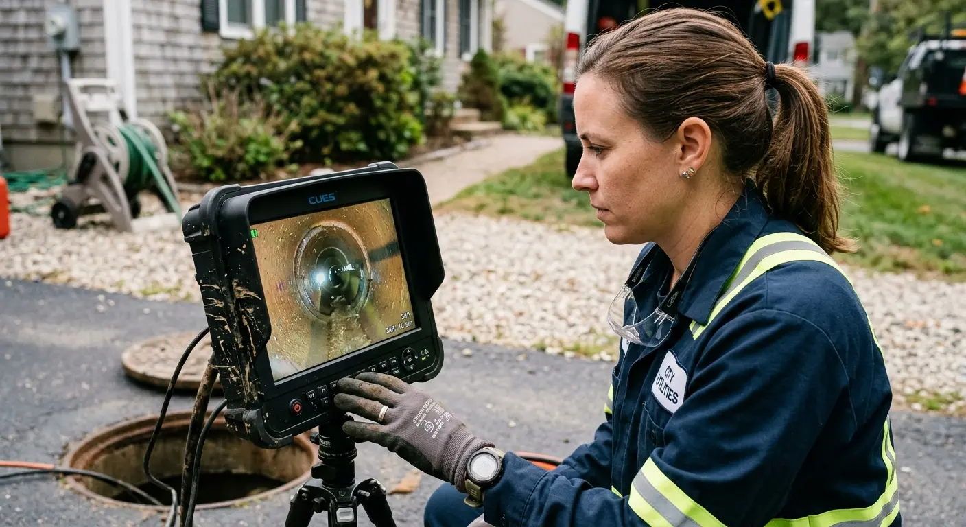 Technician reviewing sewer camera inspection footage in Bar Harbor