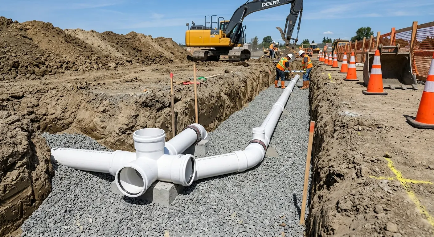 New PVC sewer pipe installation in open trench for Sewer Backup in Bar Harbor