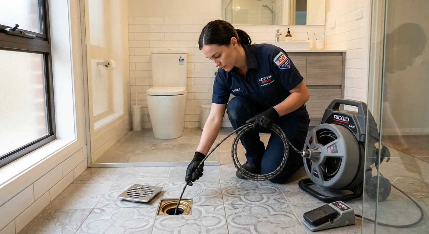 Technician clearing a bathroom floor drain for Sewer Line Replacement in Bar Harbor